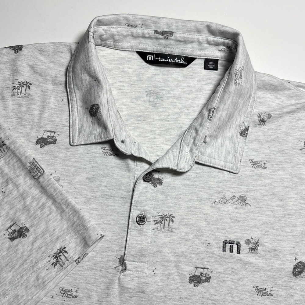 Travis Mathew Golf all over Print Polo Gray  Mens XXL Pima Cotton Blend Shirt